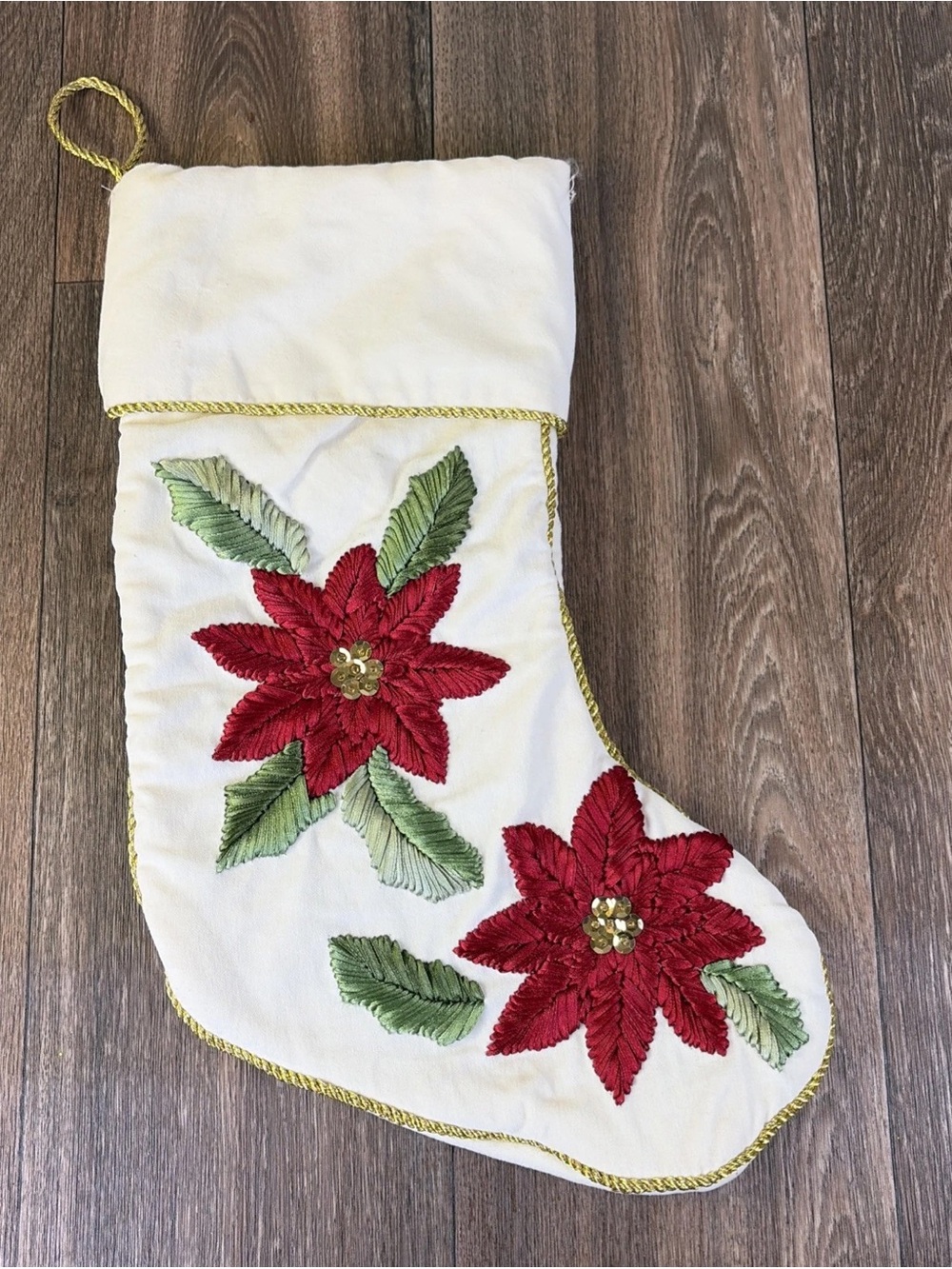 Christmas Red & Gold Poinsettia Flowers Needlepoint & Sequin Cream Stocking
